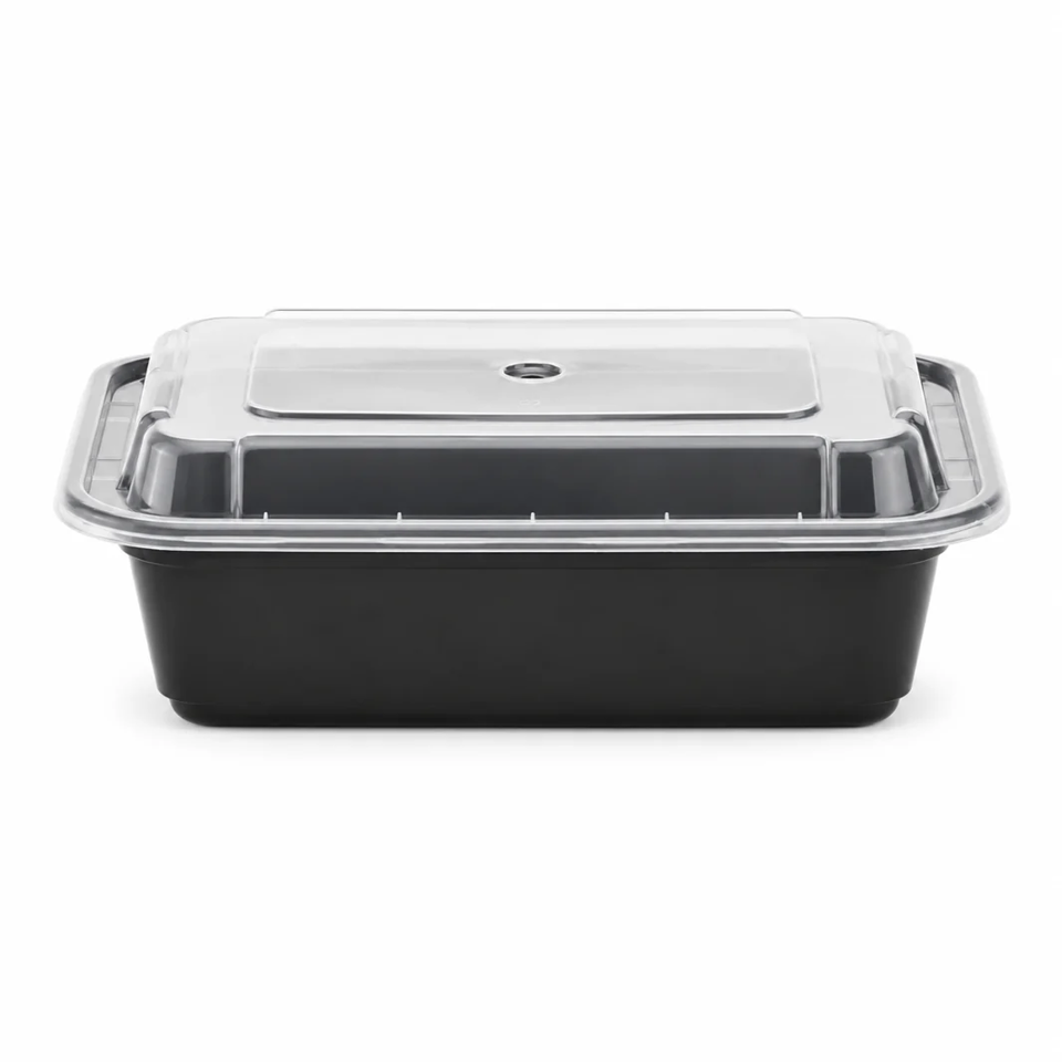 24oz Plastic Microwavable Rectangular Food Containers & Lids, Black, (150/cs)