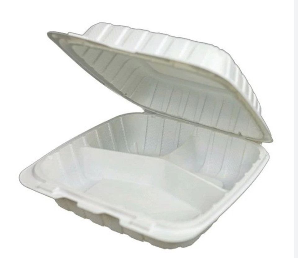 White 7 x 7 x 3" 3 Compartment Hinged Container, MFPP, (150/cs)