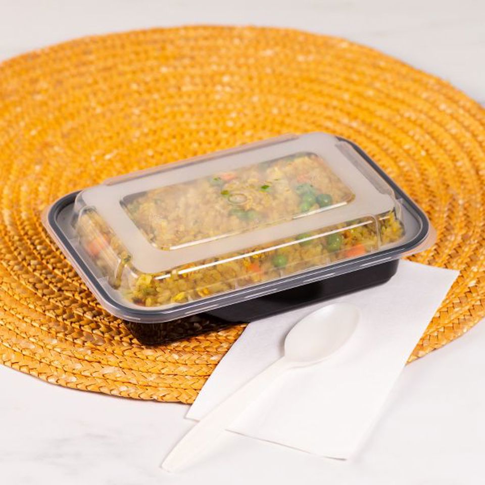 16 oz PP Injection Molded Microwaveable Rectangular Black Food Containers with lids, (150/cs)