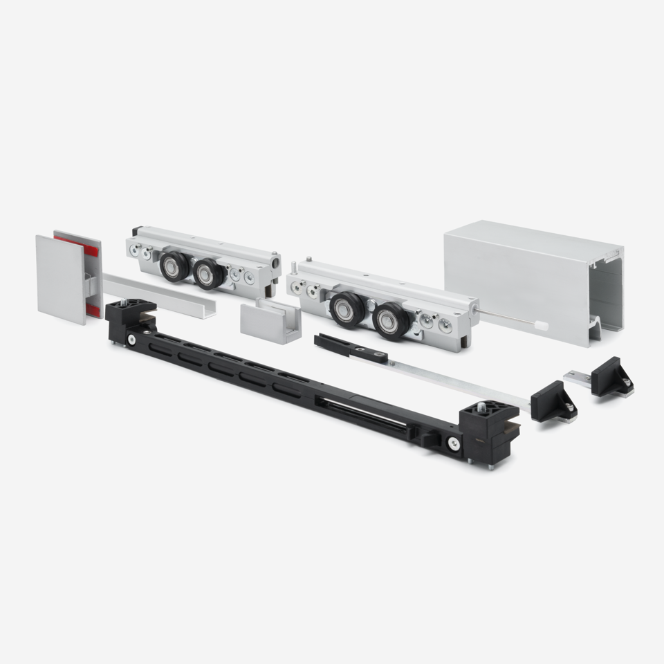 CGS-200 Wall or Ceiling Mount Sliding Door and Fixed Panel Kit with Double Soft Close and 157" Track - Satin anodized